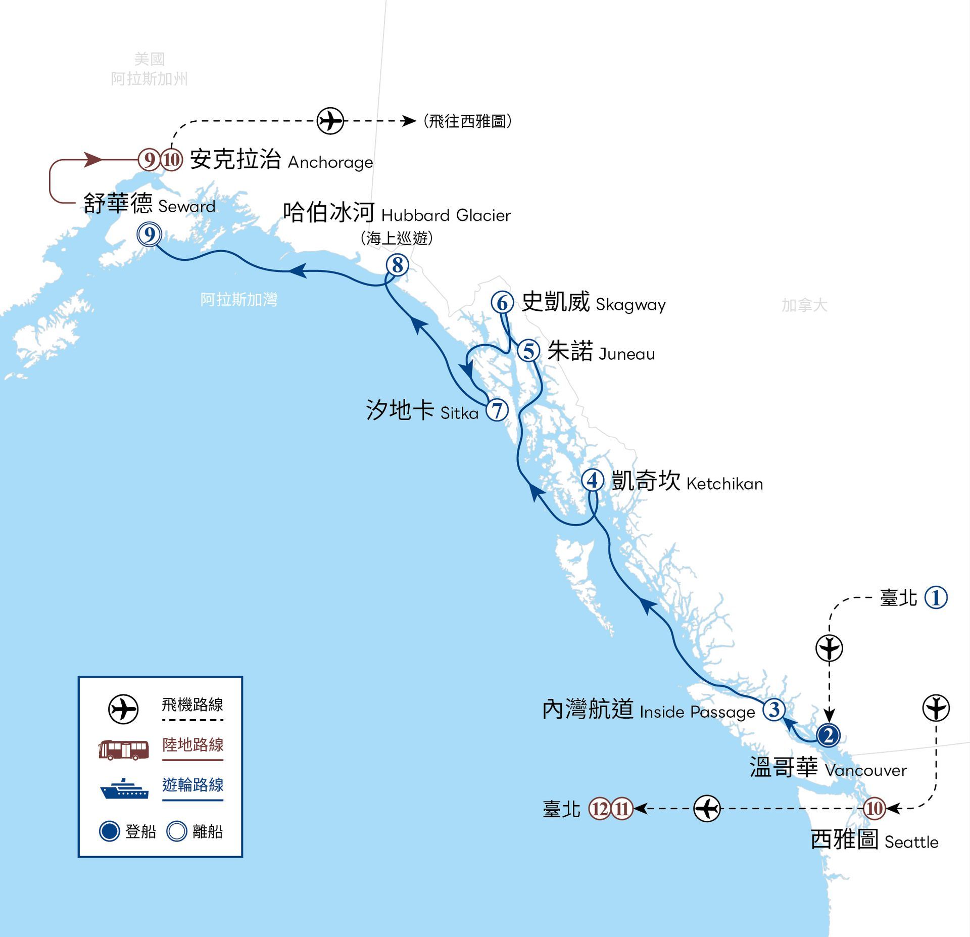 路線圖,圖中以棕色圓點和文字標籤標示了多個站點。
