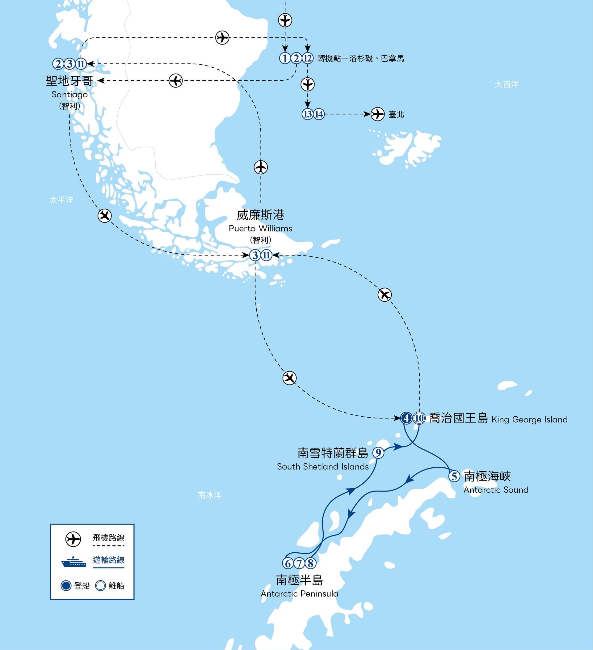 路線圖,圖中以棕色圓點和文字標籤標示了多個站點。