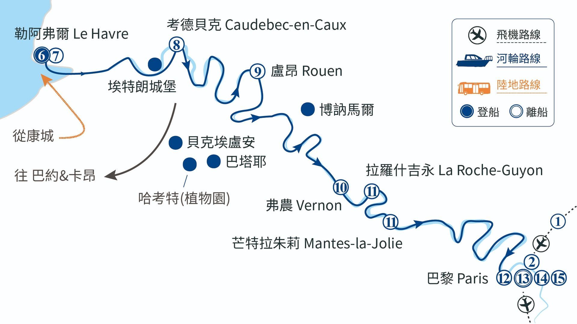 一張標示巴黎、魯昂、勒阿弗爾等地點的河輪航線圖。