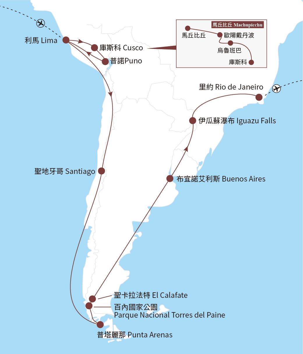 南美洲地圖,包含旅行路線、城市和地標。