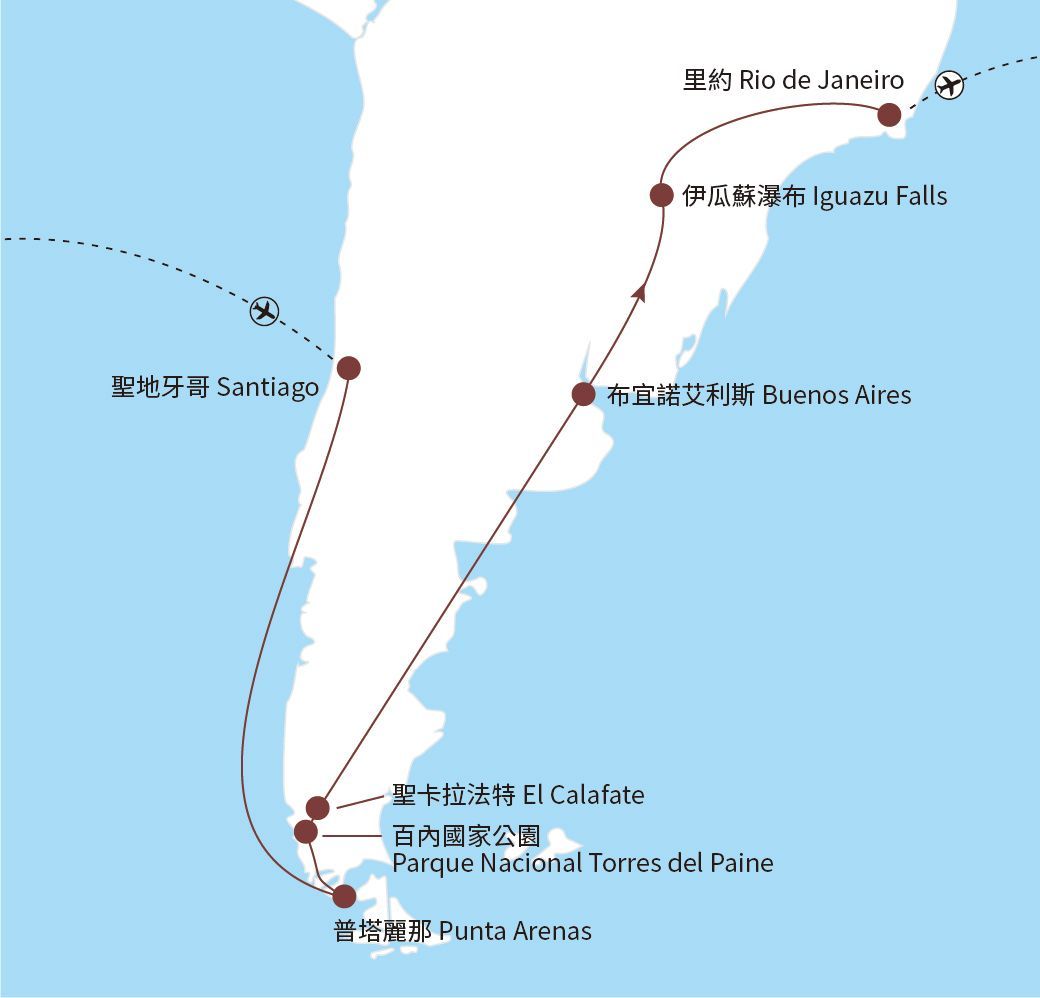 南美洲地圖,標示旅行路線,包括聖地牙哥、布宜諾斯艾利斯和里約熱內盧等城市。