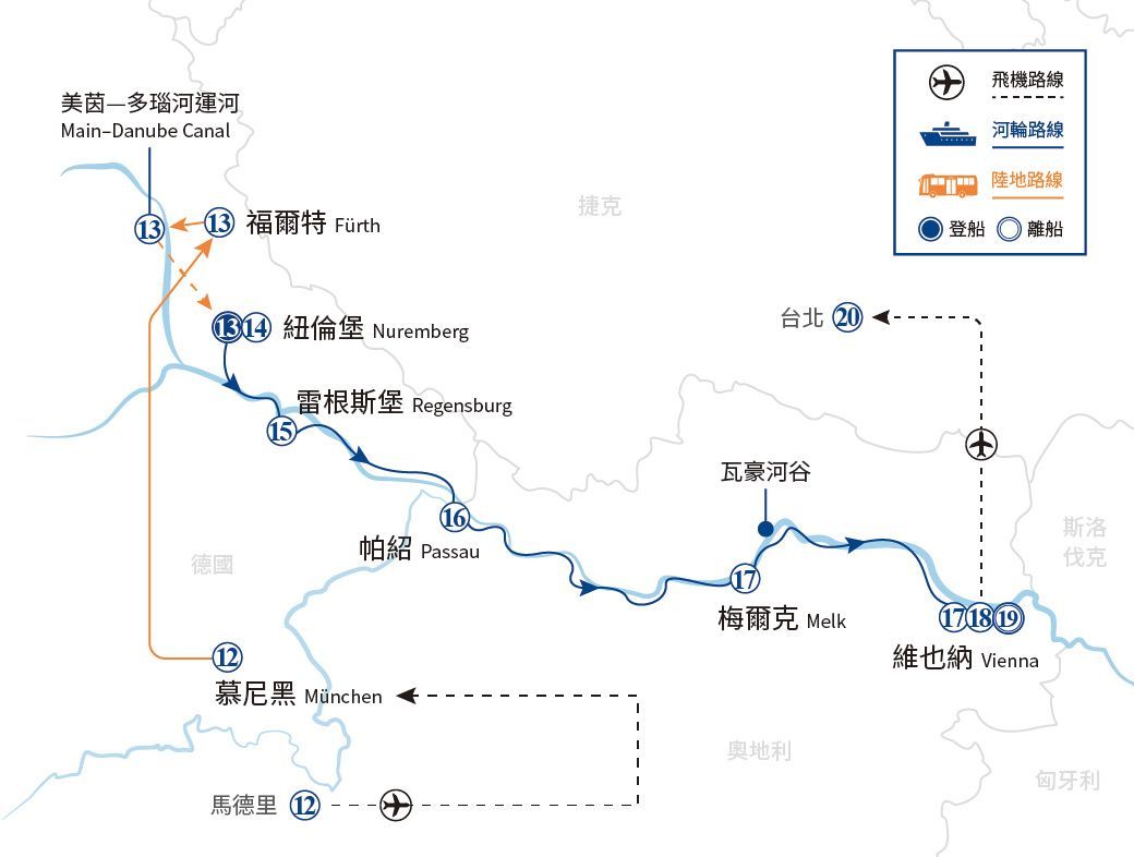 地圖顯示了一條穿越歐洲的旅行路線,並標示了布拉格、維也納和布達佩斯等城市。