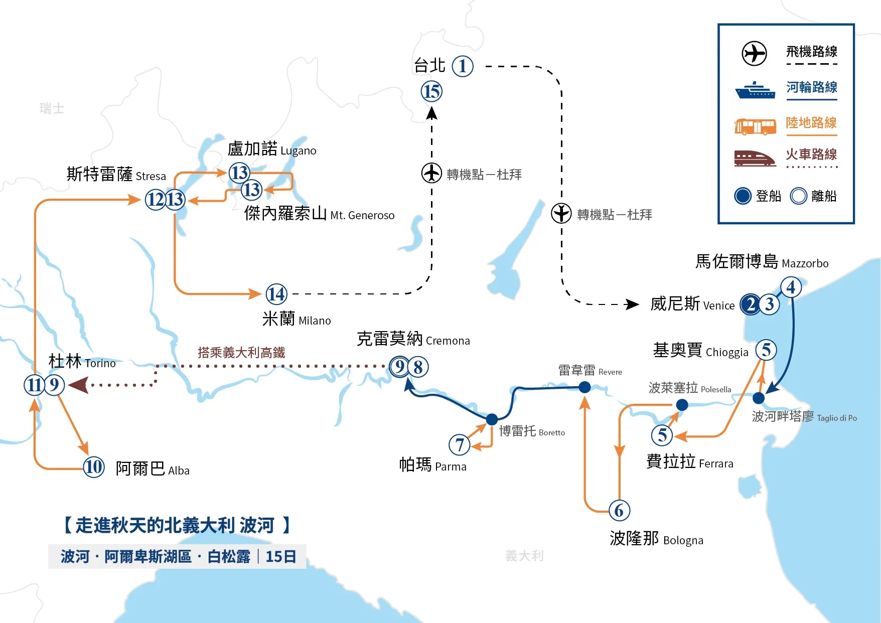 地圖顯示了一條穿越歐洲的旅行路線,包括各個城市的位置和交通方式。