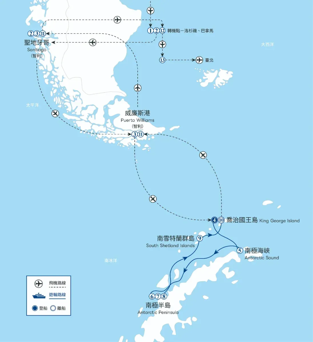 路線圖,圖中以棕色圓點和文字標籤標示了多個站點。