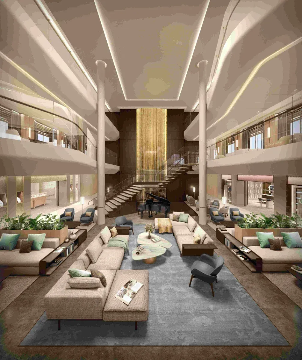 飛鳥Ⅲ郵輪的公用空間,大器且挑高 Luxurious two-story lounge with plush seating, grand staircase, and a central piano. Neutral tones with teal accents.
