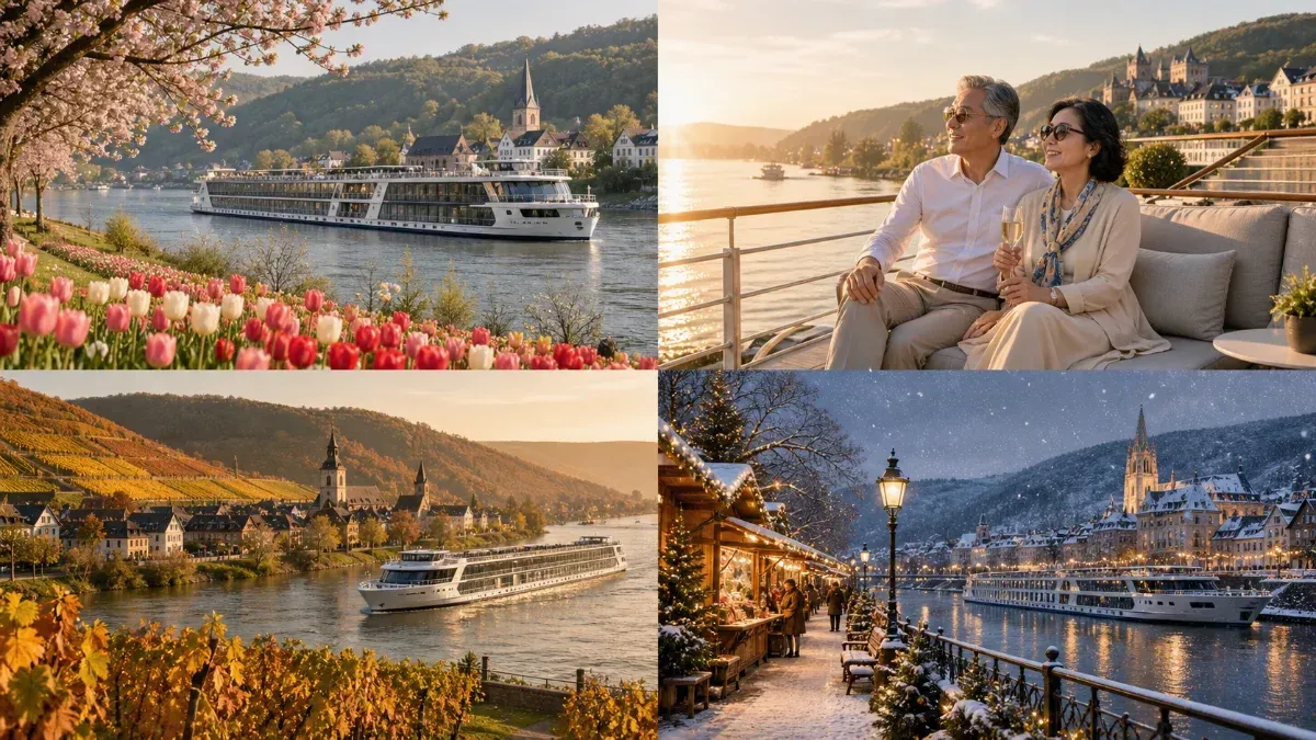 Scenic lakeside collage with a cruise ship, flowers, and a couple overlooking a mountain town at sunset