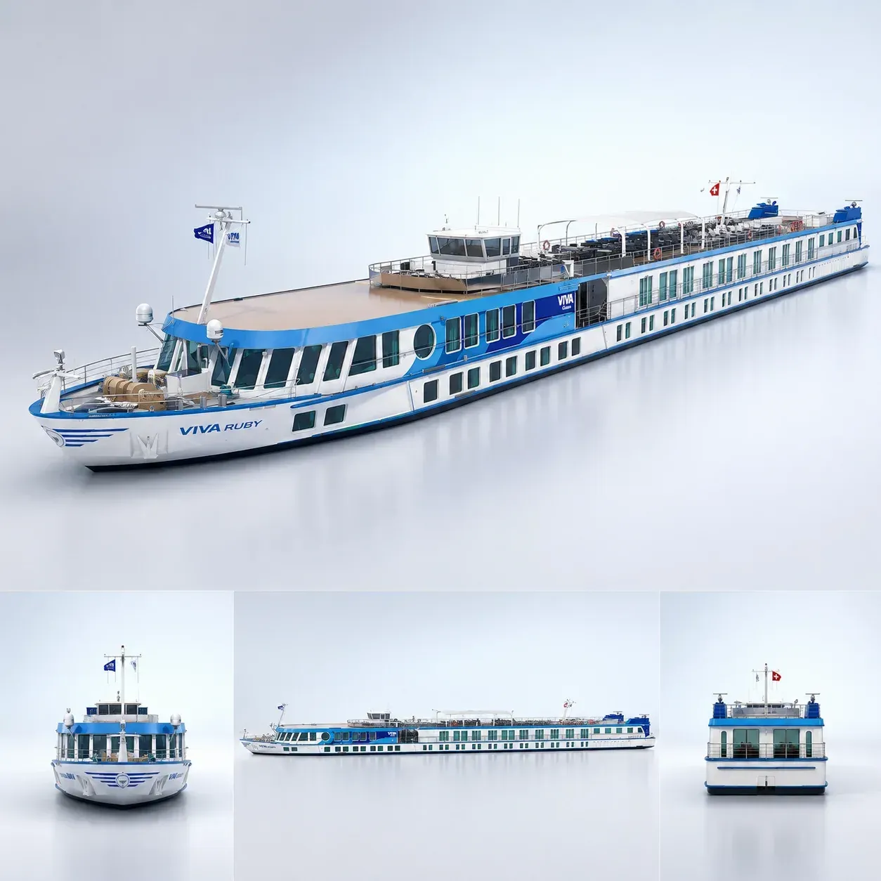 White and blue tour boat shown from front, side, and rear on a plain white background