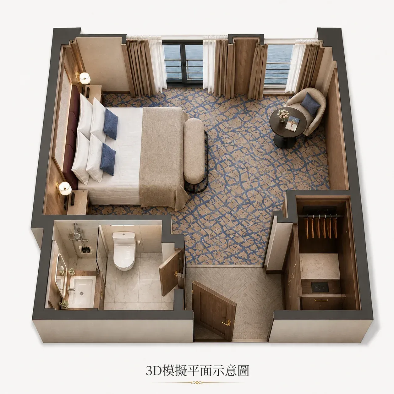 3D floor plan of a hotel room with bed, bathroom, seating area, and open closet