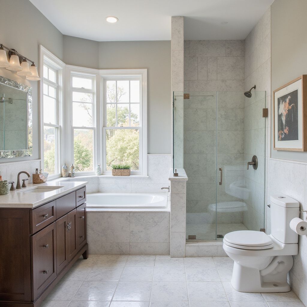 Bathroom with white tile, dark vanity, bathtub, glass shower, and large windows.