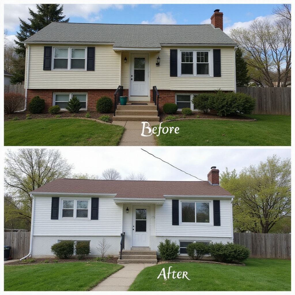 Before and after photos of a house; yellow siding changed to white, brown roof replaces grey.