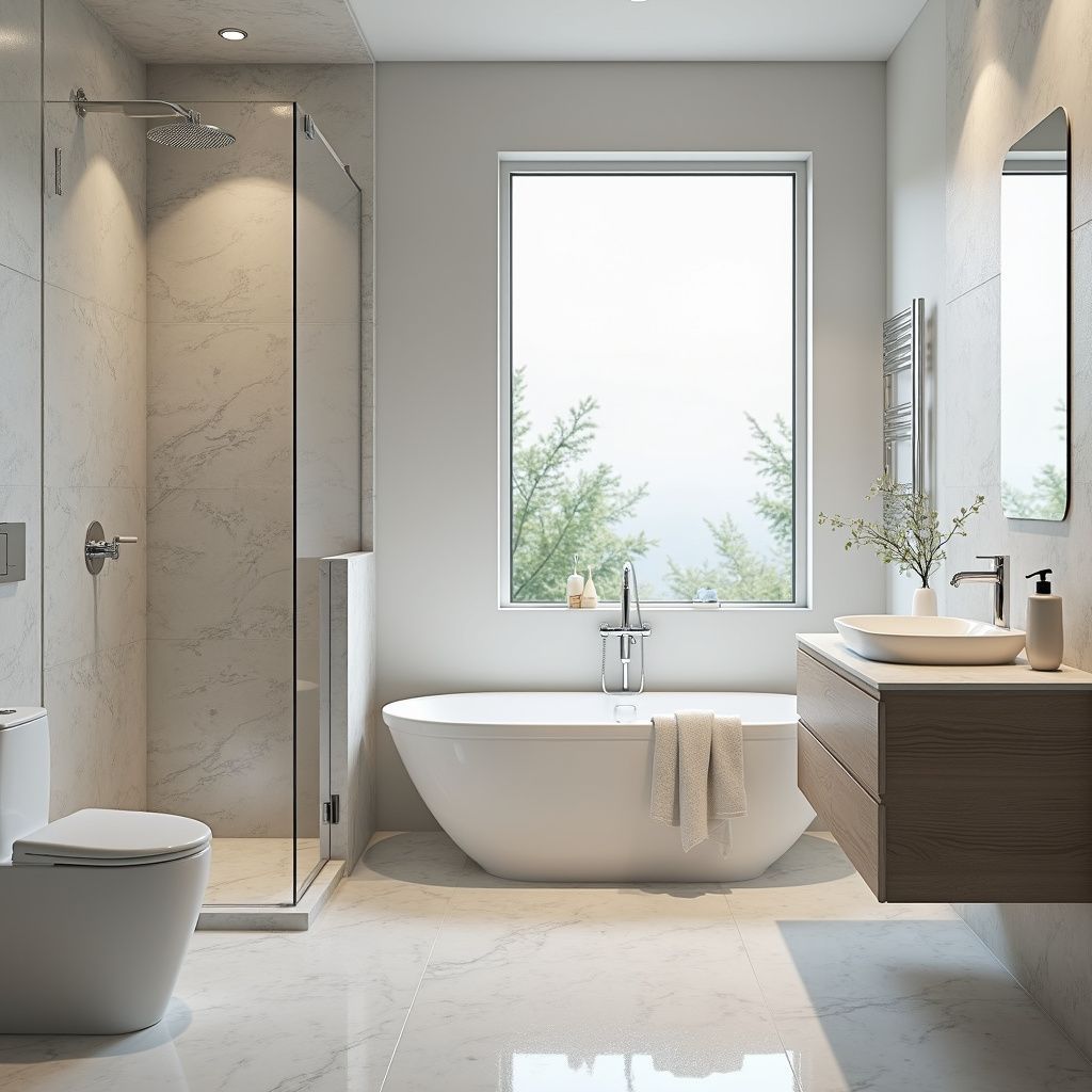 Modern bathroom with shower, tub, vanity, and window overlooking trees.