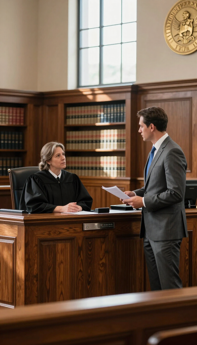 Attorney speaking to judge at a wooden courtroom bench, with bookshelves and a seal in the background