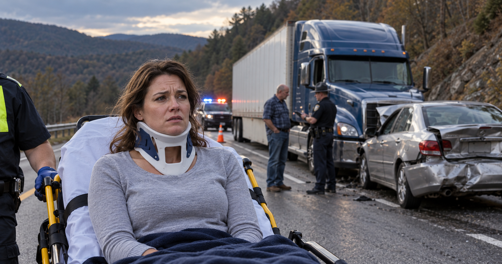 Injured person on stretcher near mangled cars after roadside crash, with emergency lights and mountains behind