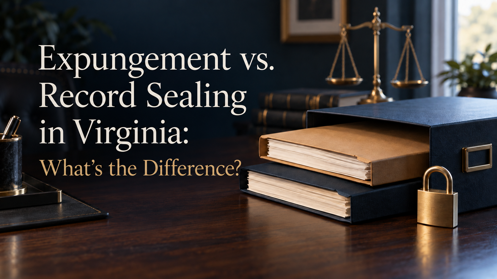 Expungement vs. Record Sealing in Virginia: What’s the Difference? Law books and scales on the desk. 