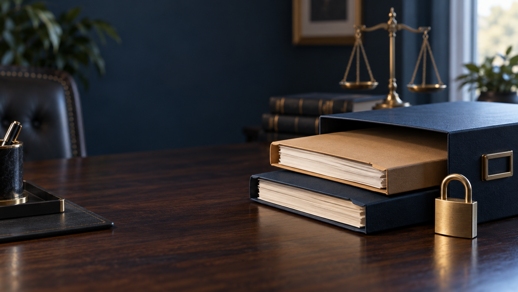Law books and a padlock on a desk in a lawyer’s office, with scales of justice in the background