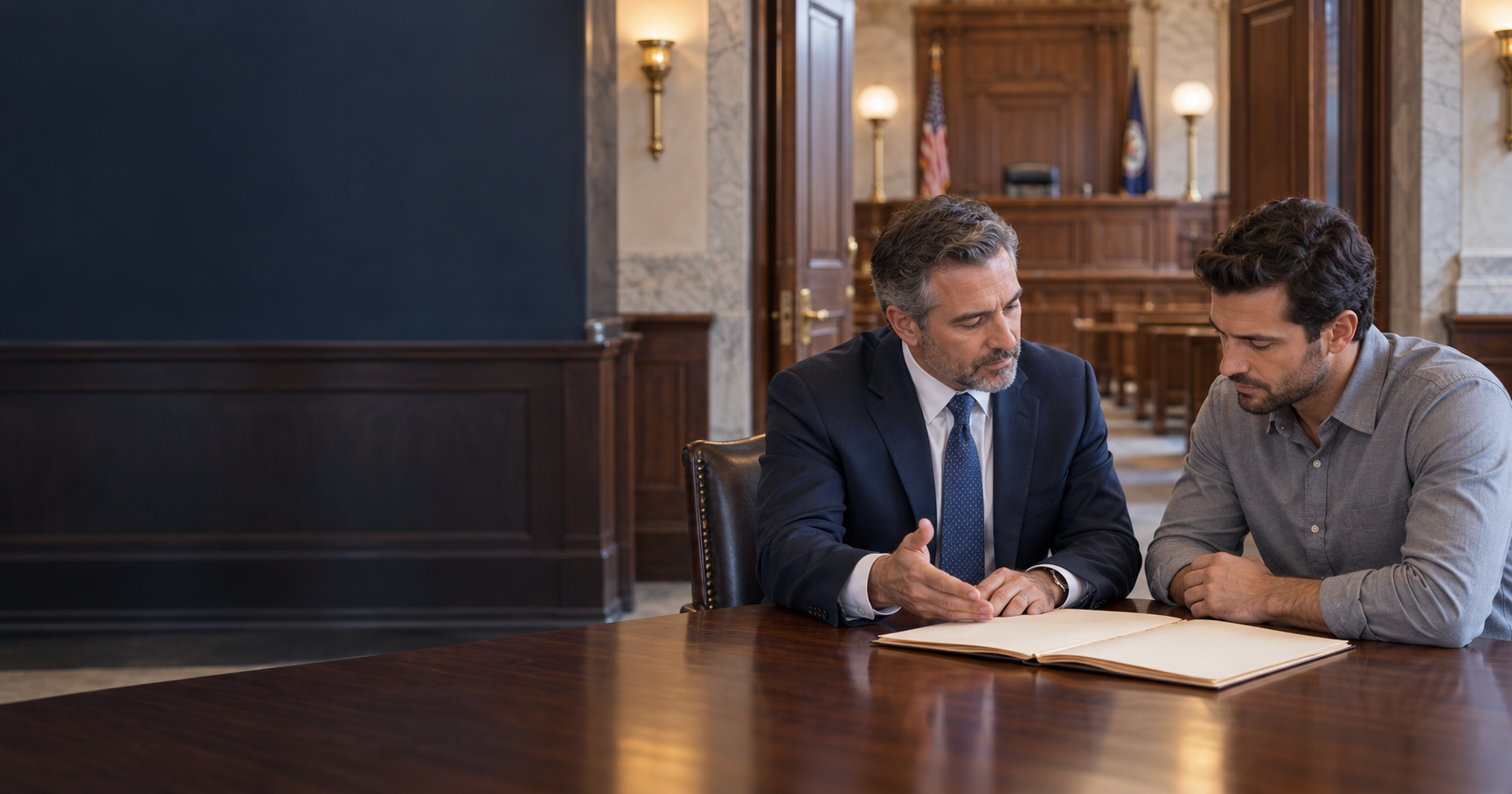 Two people in a wood-paneled room review documents at a table.
