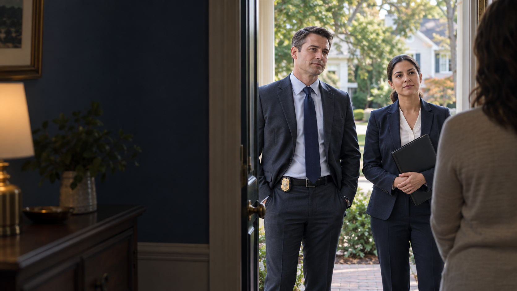 Two business professionals standing at an open doorway, talking to someone inside an office.