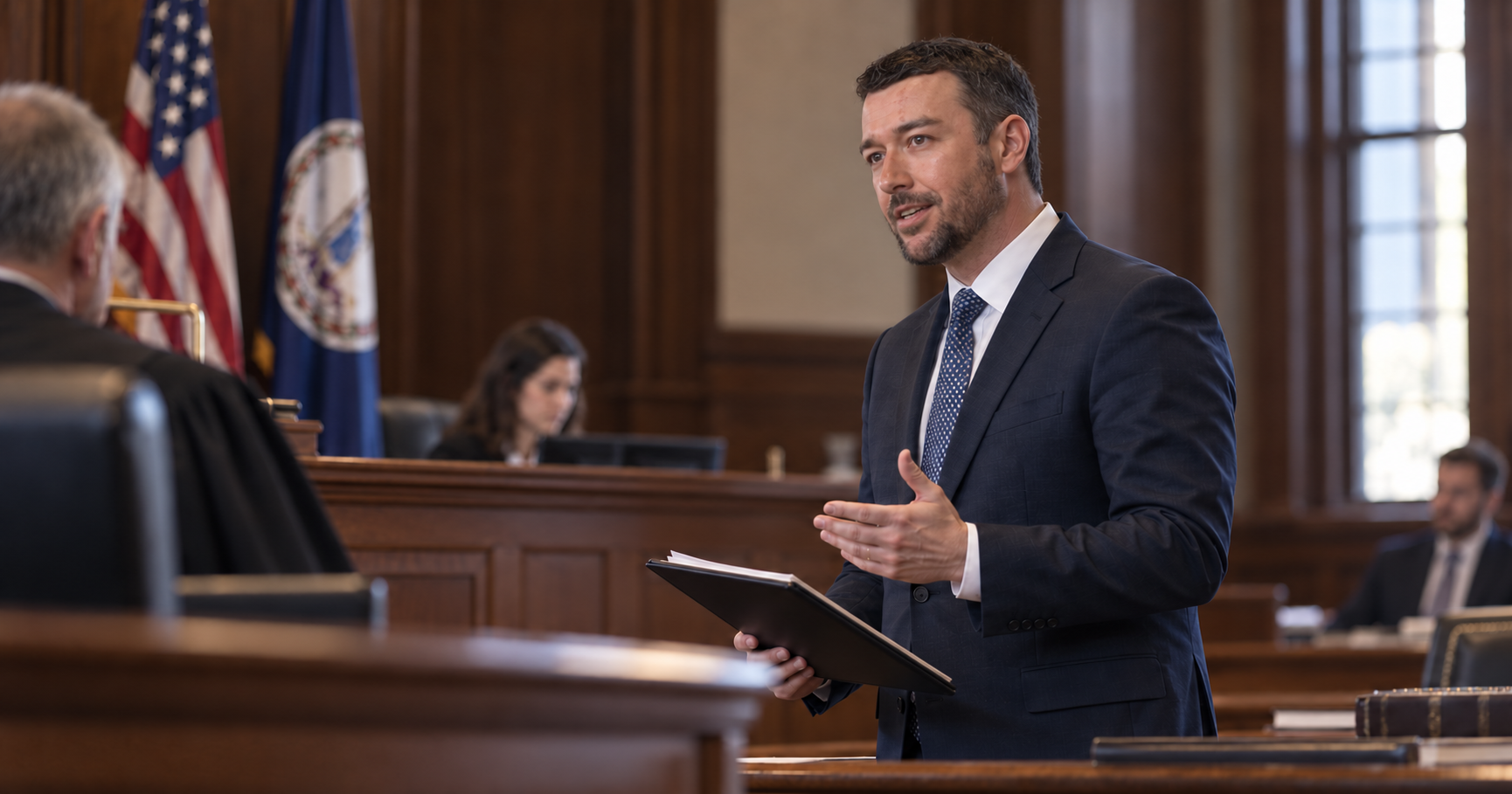 Man speaking in a courtroom, gesturing while holding papers near the witness stand.