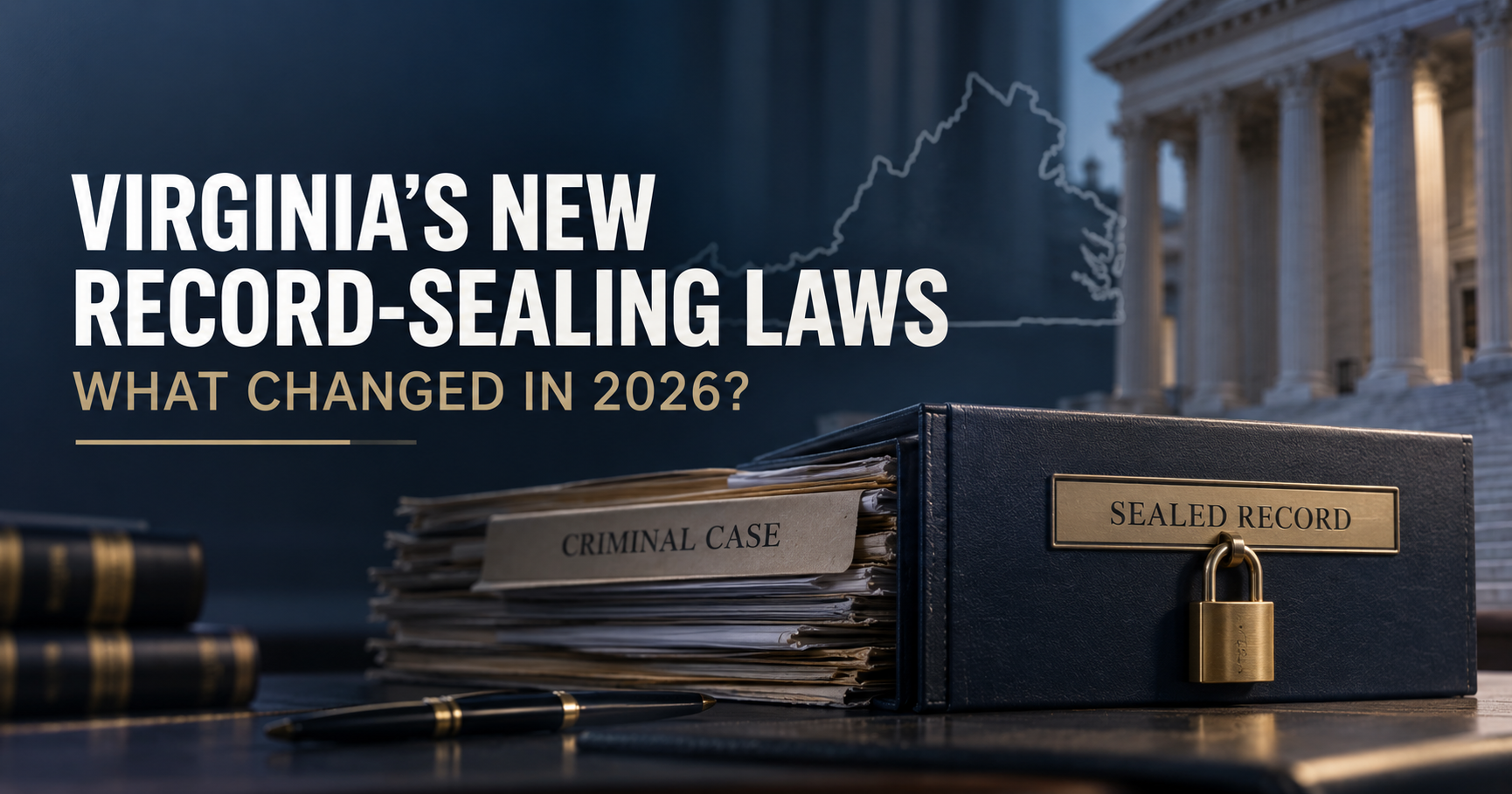 Get expert legal counsel... Contact us! Virginia's new record-sealing laws with stacked legal books and a seal stamp on a desk