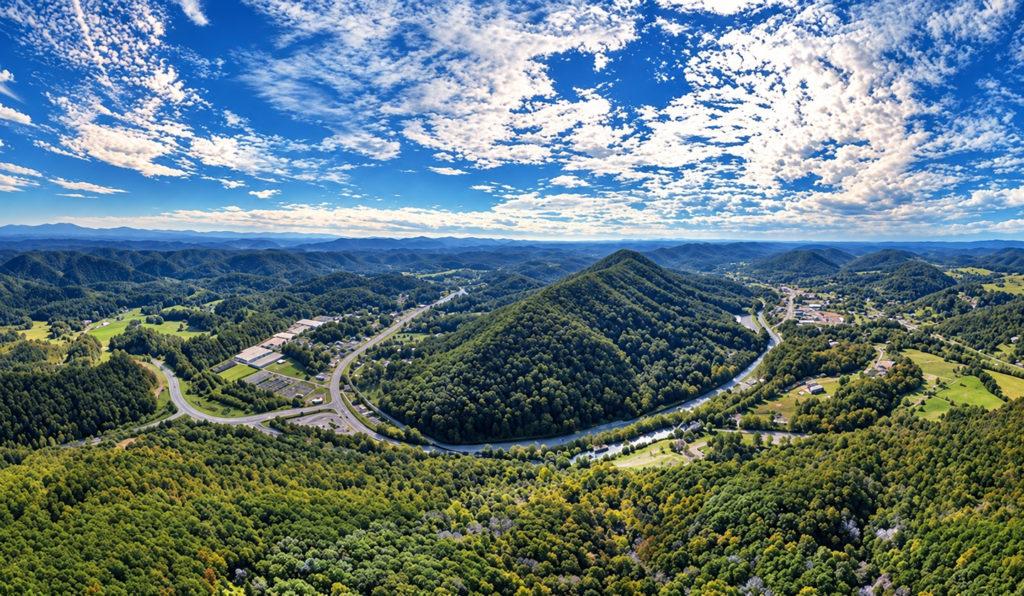 Panoramic view of a lush green valley with winding roads, forested hills, and a bright blue sky with clouds in Gate City, VA.