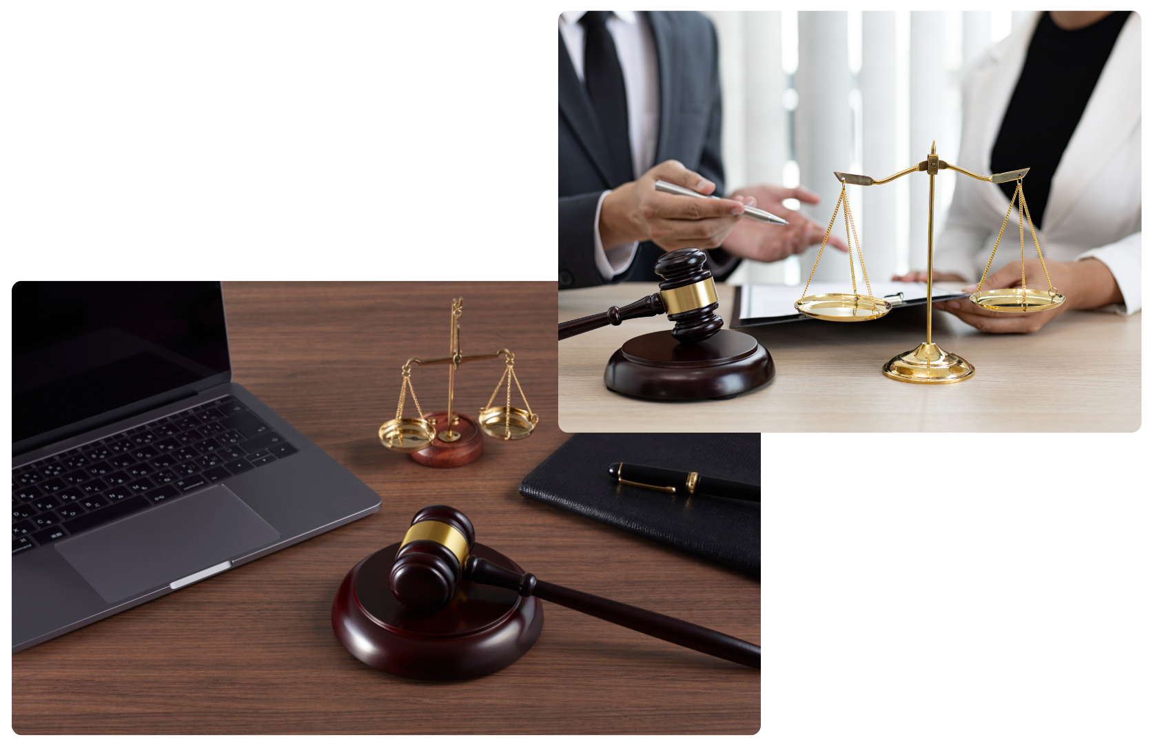 Legal desk with gavel, scales of justice, laptop, and document signing scene