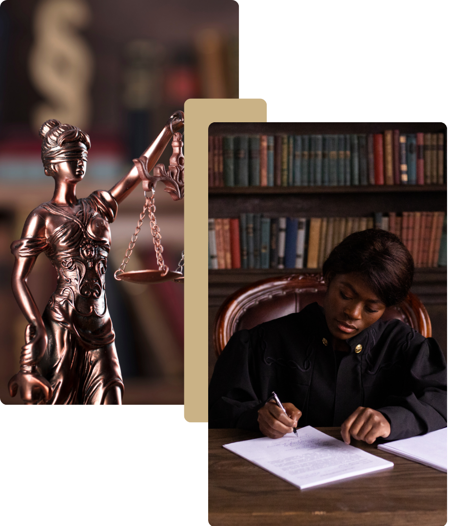 View our Service Area Lady Justice beside a person writing at a desk, with bookshelves in the background