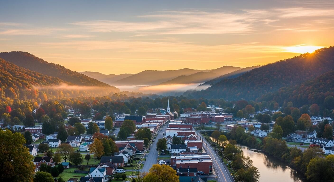 Aerial view of Downtown Richlands at sunset with mountains in the background.