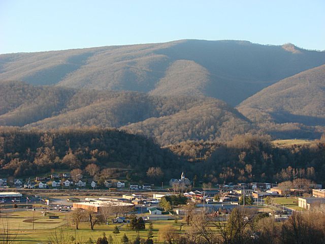 Aerial view of the mountains and town of Saltville, Virginia.