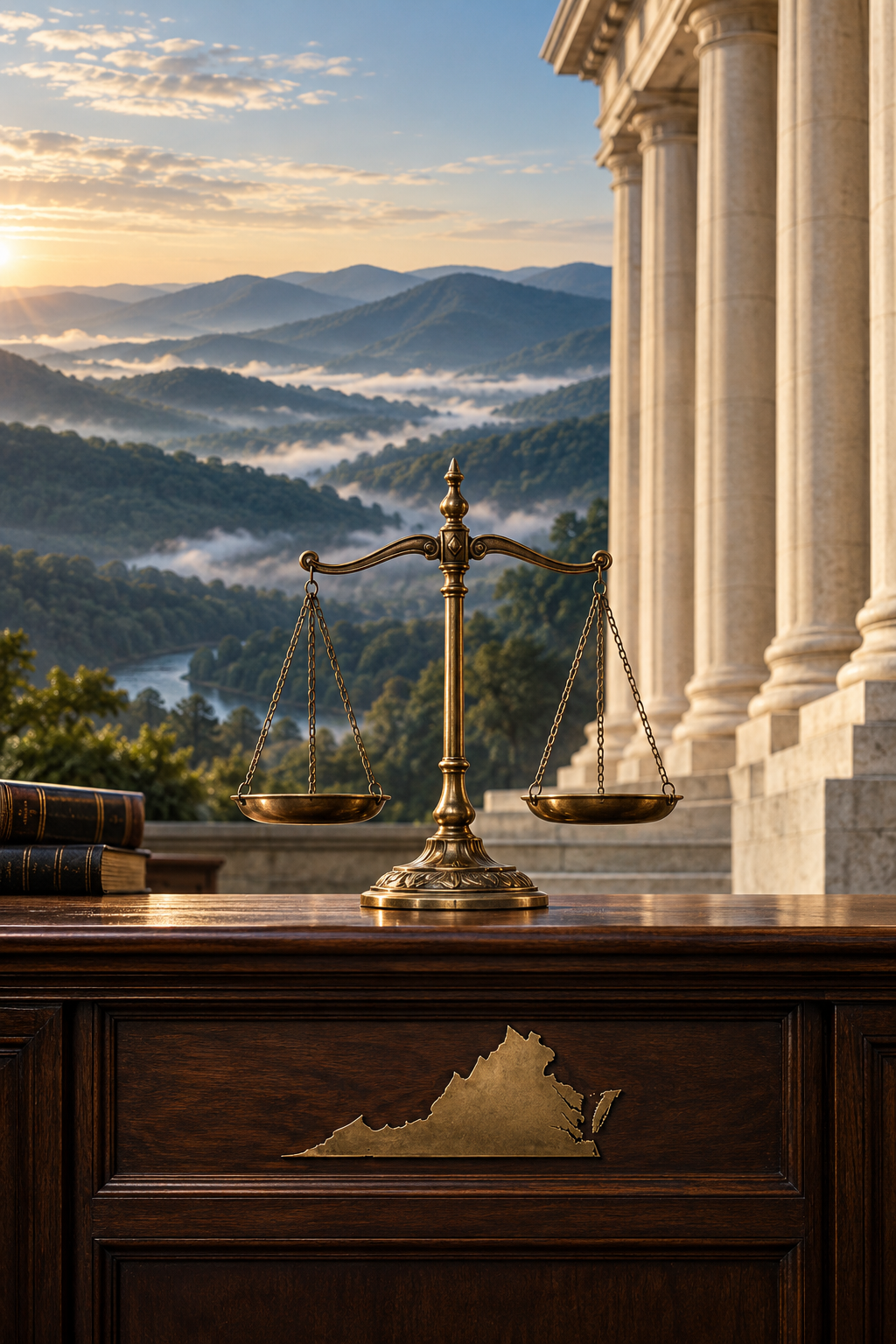 View our Virginia Legal Services - Lawyers & Attorneys at Law Scales of justice on a wooden desk beside columns, overlooking misty mountains at sunrise