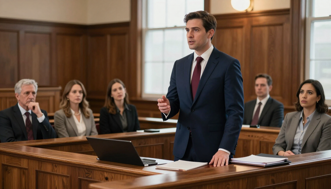 Attorney speaking in a wood-paneled courtroom before seated colleagues and a judge-like panel