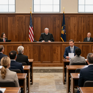 Courtroom scene with a judge, attorneys, and seated audience in a wood-paneled courtroom