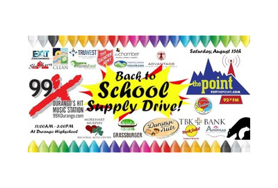 A poster for a back to school supply drive