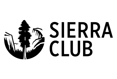 A black and white logo for sierra club with a tree and mountains in the background.