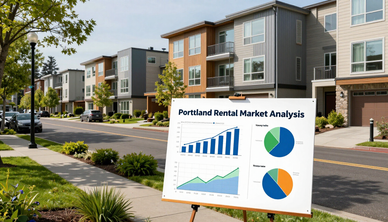 A presentation board displaying a Portland rental market analysis with charts stands on a residential street.