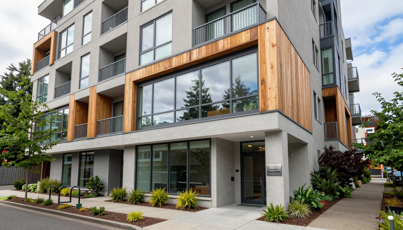 A modern multi-story apartment building with gray concrete walls, wood paneling, and large windows, surrounded by plants.