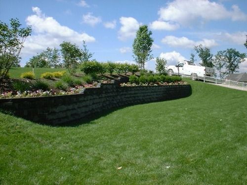 Green lawn with tiered retaining wall garden bed under a blue sky with fluffy clouds.