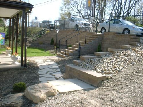 Stone steps and pathway leading up to a building entrance, next to a retaining wall and parking area.