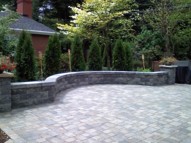 Paver patio with curved retaining wall and evergreen trees in a yard.