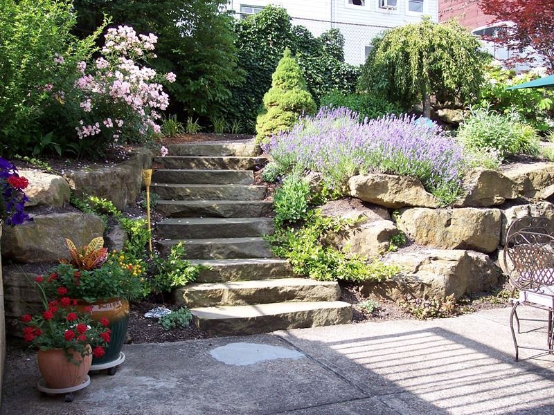 Stone steps lead up a terraced garden with blooming flowers and potted plants.