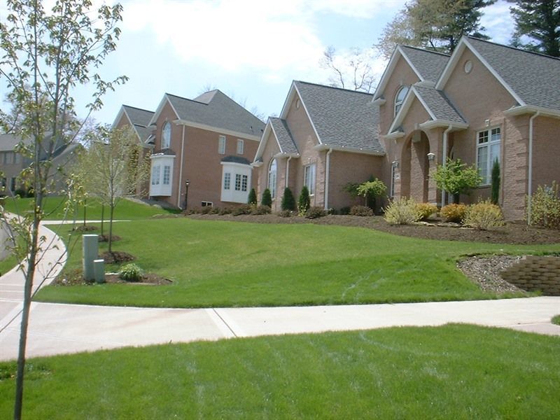 Row of brick houses with green lawns and sidewalk on a sunny day.