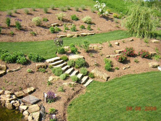 Stone steps and landscaped hillside with grass, mulch, and plants.