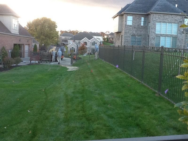 Lush green lawn with a metal fence. Houses and people are in the background, under a cloudy sky.