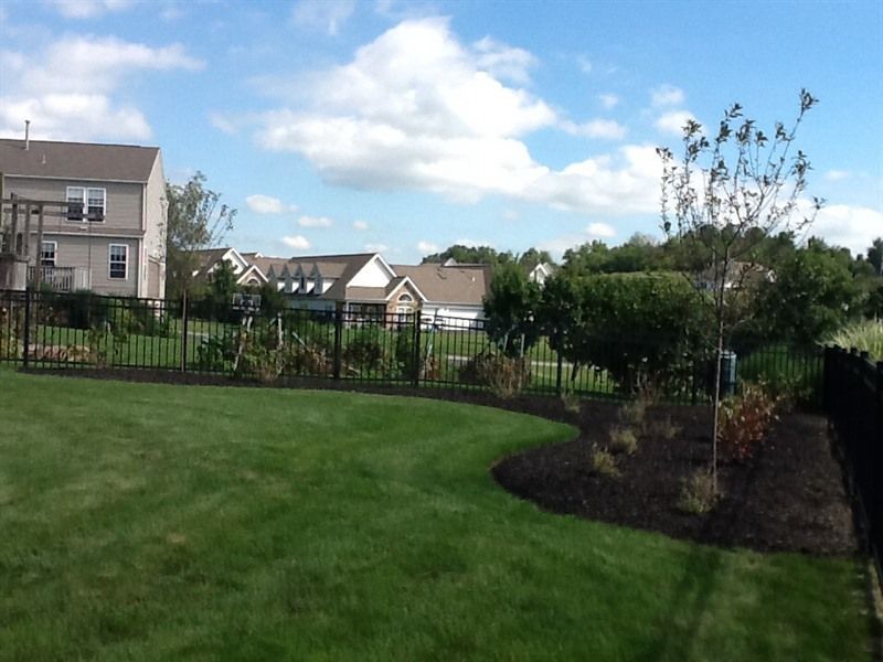 Green lawn with a black fence, flower beds, and houses under a blue sky with clouds.