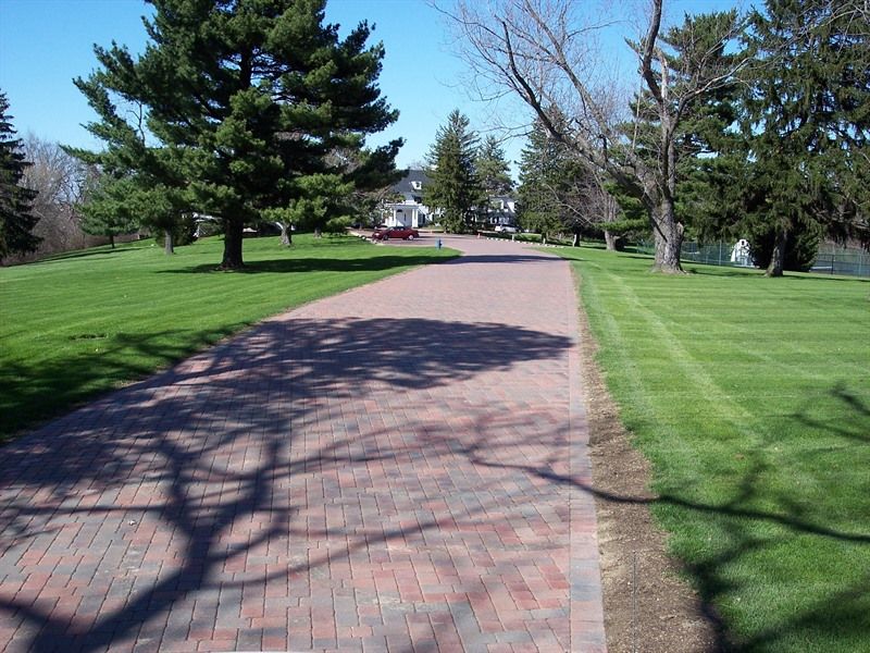 Brick driveway through green lawn, trees casting shadows, leading to a white house.