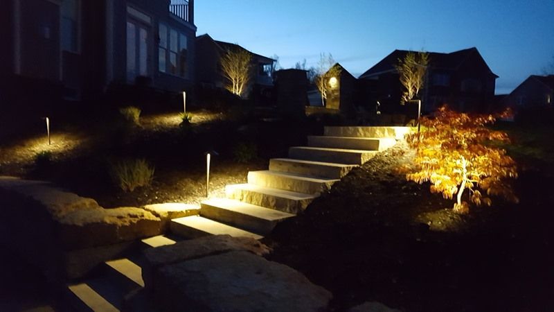 Stone staircase illuminated by landscape lighting at dusk.