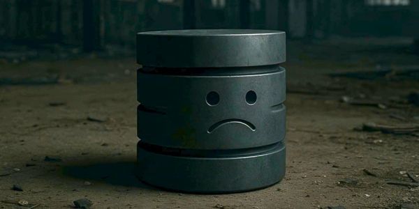 Small gray data silo with a sad face drawn on it, sitting all alone on a dim floor.