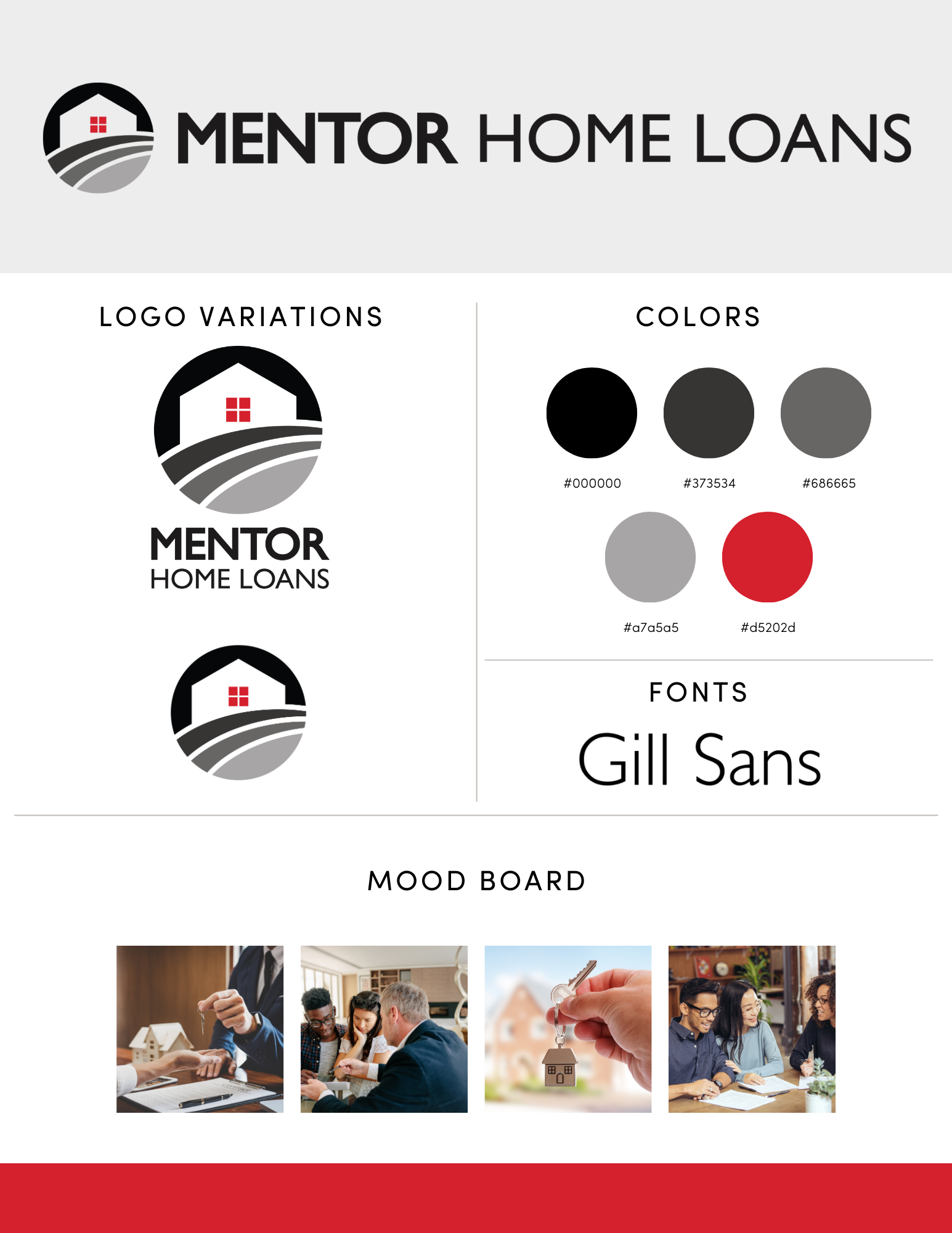 A brochure for mentor home loans shows the logo , colors , fonts , and mood board.