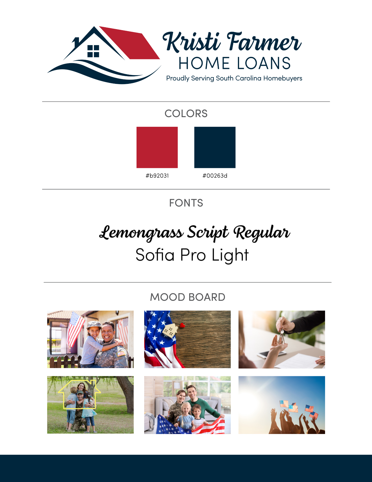 A brochure for kristi farmer home loans shows the colors , fonts , and mood board.