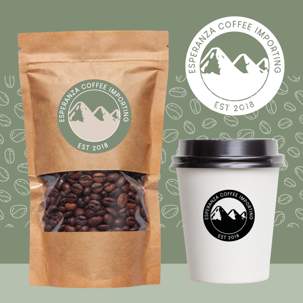 A bag of coffee beans next to a cup that says esperanza coffee importing