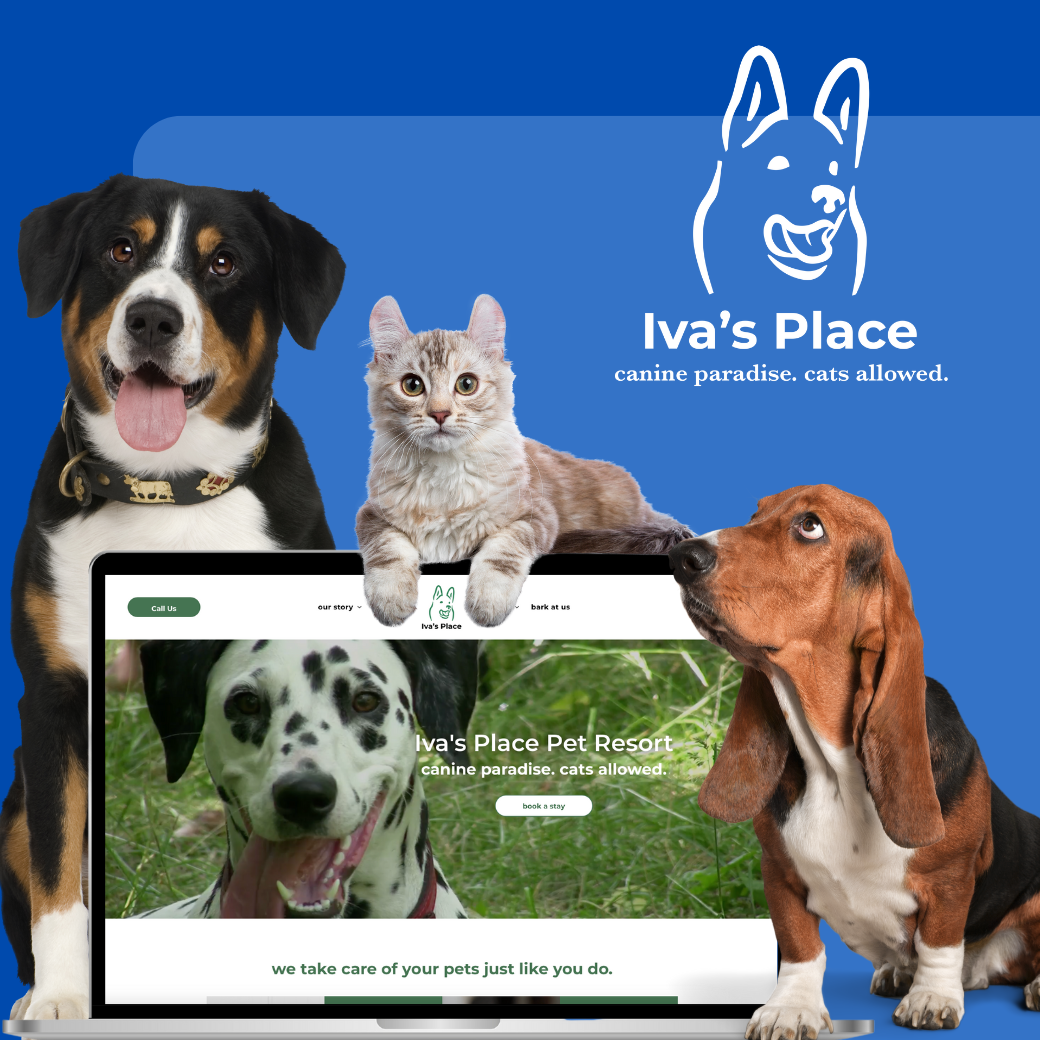 Iva's Place pet resort website project by Octo StrategiesA woman with red hair is wearing a velvet dress and earrings.